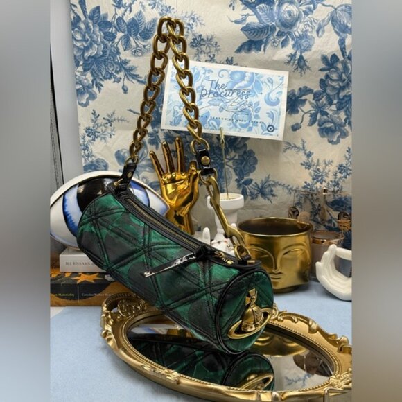 🆕 VIVIENNE WESTWOOD 🧿 NWOT Cindy Cylinder Shoulder Bag, Green Metallic AUTH - Picture 2 of 16
